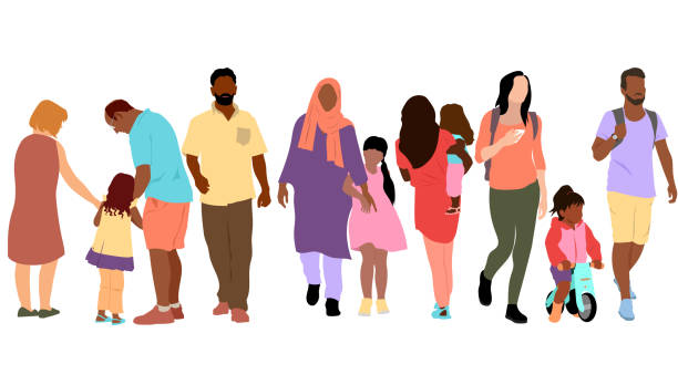 Large group with various family members walking away and holding hands.  Colourful flat design modern images